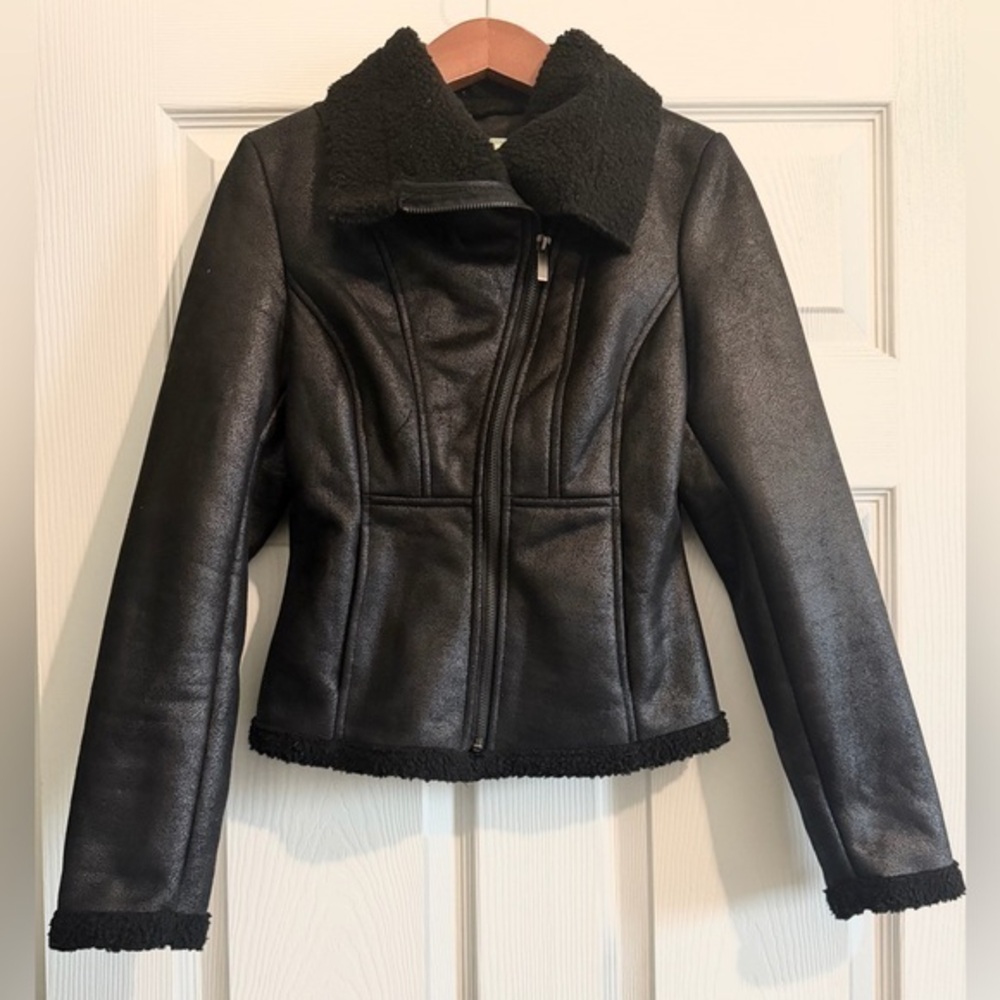 Maralyn & Me Black Faux Leather Jacket with Shearling lining. Full zip closure
